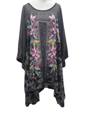 Lands End Swim Cover Up Floral Geometric Kaftan Poncho Sheer Dress Hanky Hem M